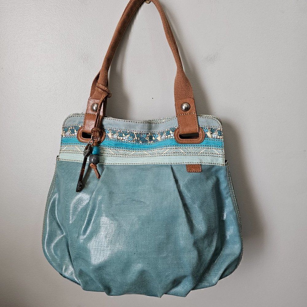 EUC FOSSIL KEY PER COATED CANVAS LIGHT BLUE TOTE / SHOULDER BAG LARGE